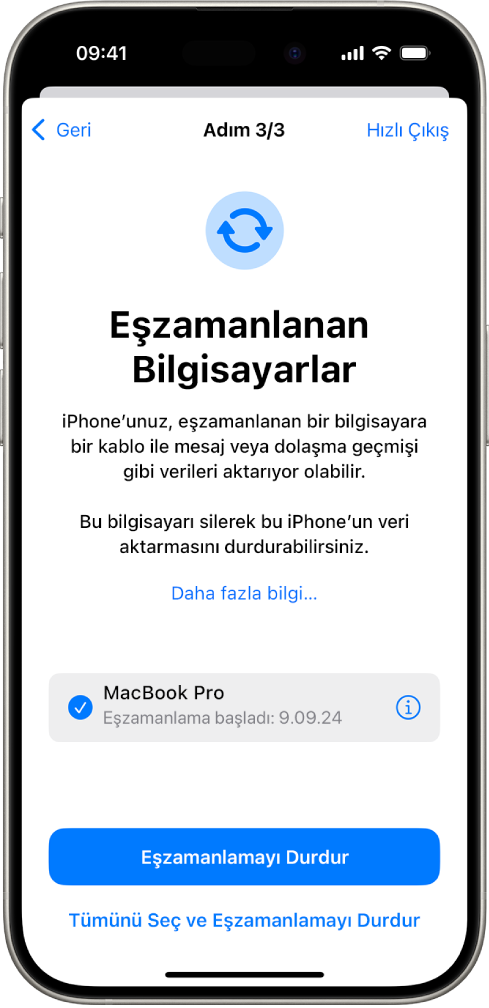 Eşzamanlanan Bilgisayarlar ekranını gösteren bir iPhone ekranı.