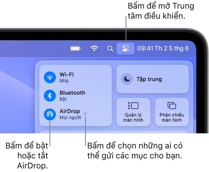 Sử dụng AirDrop từ Trung tâm điều khiển.