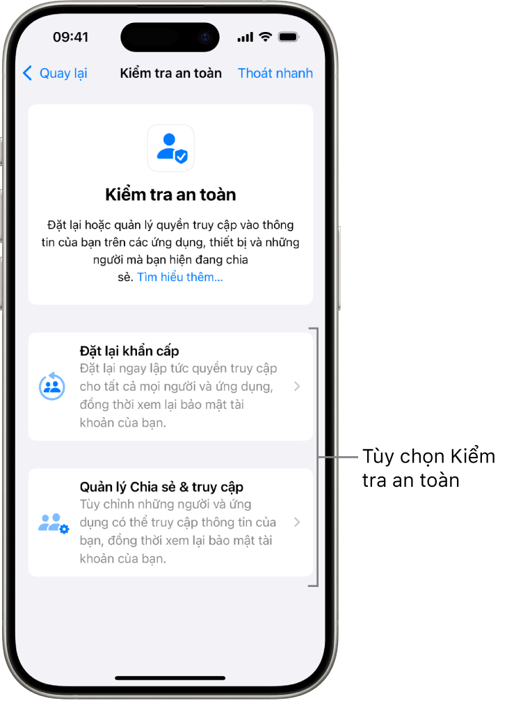 Một màn hình đang hiển thị hai tùy chọn có sẵn với Kiểm tra an toàn: Đặt lại khẩn cấp và Quản lý Chia sẻ & truy cập.