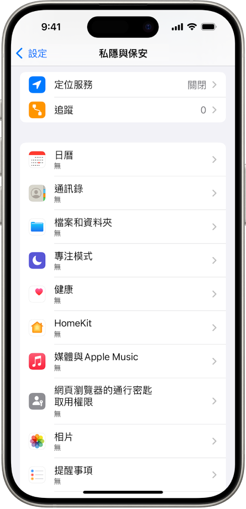 iPhone 顯示「設定」中的「私隱與保安」畫面。
