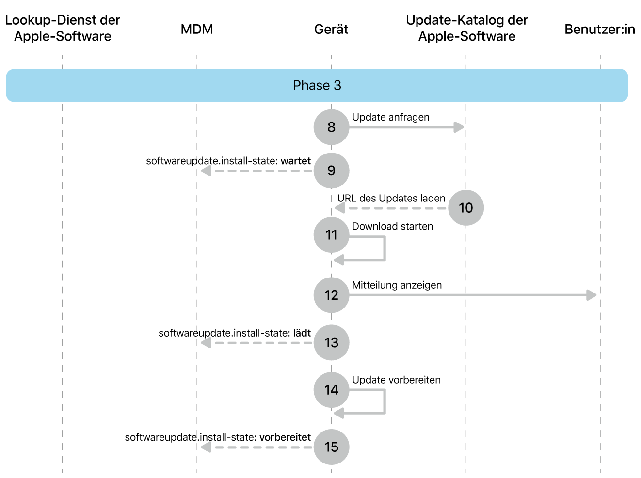 Phase 3 zeigt die Schritte 8 bis 16 der Durchsetzung von Softwareupdates von Apple