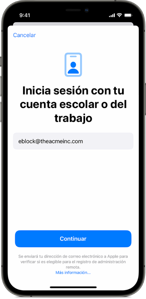 Una pantalla de iPhone mostrando la interfaz del perfil Inscripción de usuarios.