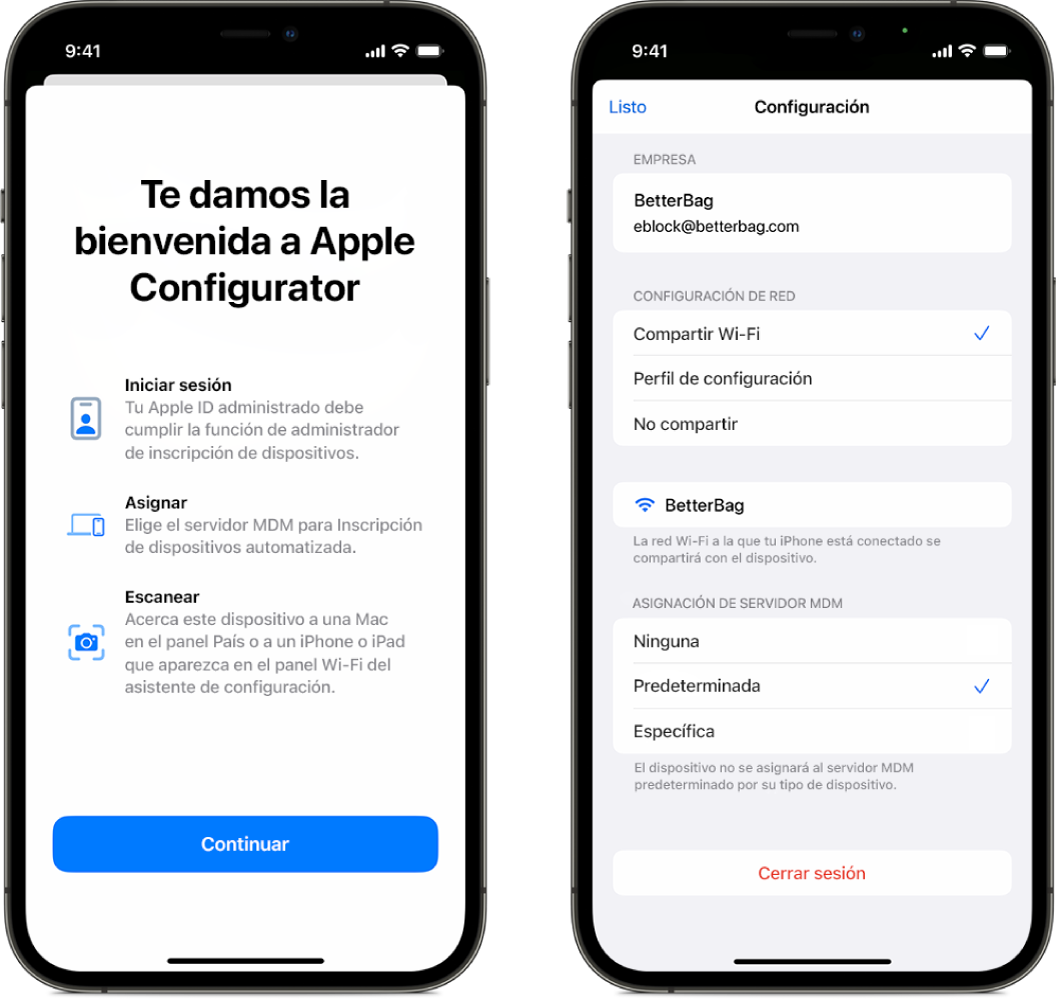 Apple Configurator para iPhone mostrando dos pantallas: una es la pantalla principal con la ventana de Bienvenida y la otra muestra el servidor de MDM predeterminado seleccionado como la asignación automática para los dispositivos.