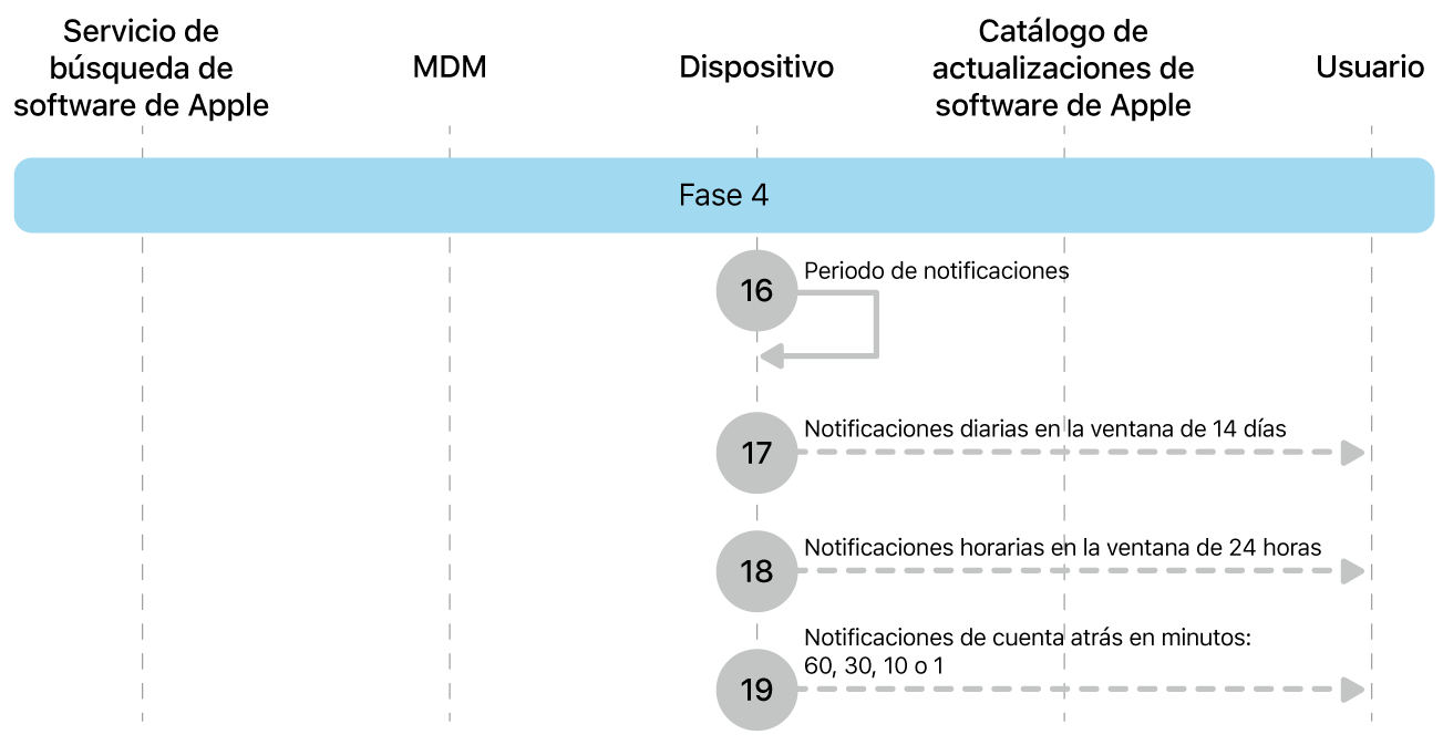 Fase 4 con los pasos del 16 al 19 de la imposición de una actualización de software de Apple.