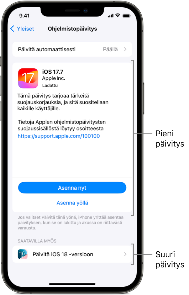 iPhonen näyttö, jossa näkyy pieni päivitys iOS 17.7:ään tai suuri päivitys iOS 18:aan.