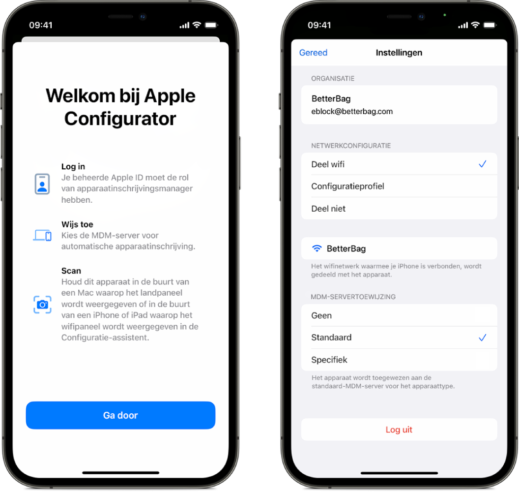 Apple Configurator voor de iPhone met twee schermen: het hoofdscherm met het welkomstvenster en een scherm met de standaard-MDM-server die is geselecteerd voor automatische toewijzing van apparaten.