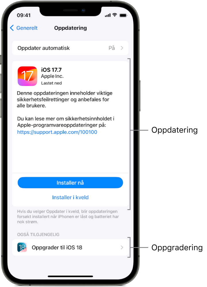 En iPhone-skjerm som viser en oppdatering til iOS 17.7 eller en oppgradering til iOS 18.