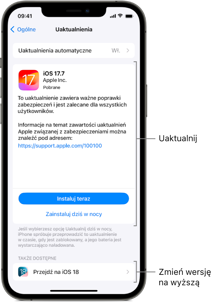 Ekran iPhone’a z uaktualnieniem do systemu iOS 17.7 oraz uaktualnieniem głównym do systemu iOS 18.