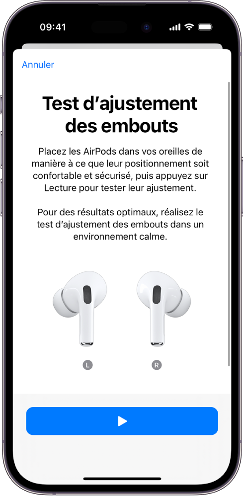 L’écran d’un iPhone affichant le test d’ajustement des embouts pour les AirPods Pro 1.