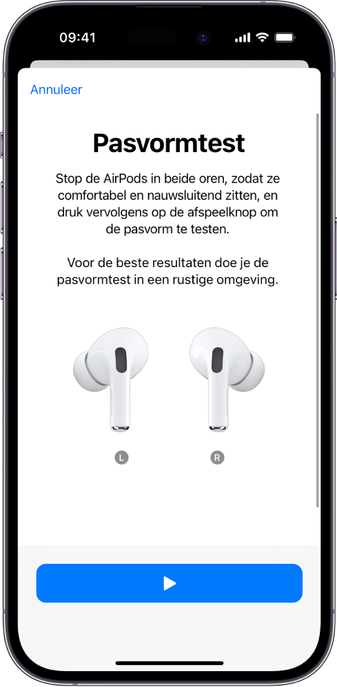 Een iPhone-scherm waarop de pasvormtest voor AirPods Pro 1 wordt weergegeven.