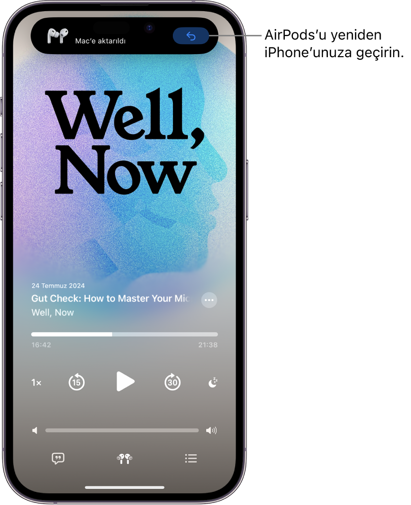 En üstte “Mac’e aktarıldı” yazan bir mesaj ve AirPods’u yeniden iPhone’a aktarma düğmesiyle iPhone’daki kilitli ekran.