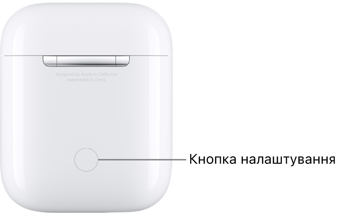 Кнопка налаштування в центрі на звороті зарядного футляра AirPods 1 і 2.