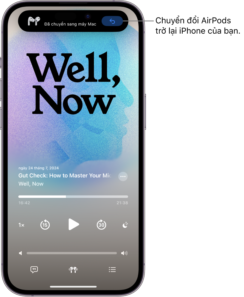 Màn hình khóa trên iPhone với thông báo ở trên cùng cho biết “Đã chuyển sang máy Mac” và một nút để chuyển đổi AirPods trở lại iPhone.