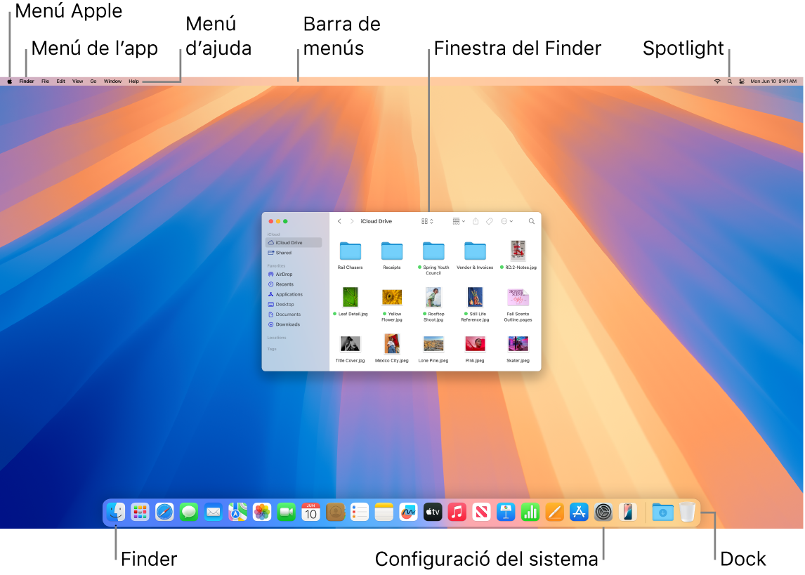 Pantalla del Mac en què es veuen el menú Apple, el menú de l’app, el menú d’ajuda, la barra de menús, una finestra del Finder, la icona de l’Spotlight, la icona del Finder, la icona de la configuració de sistema i el Dock.