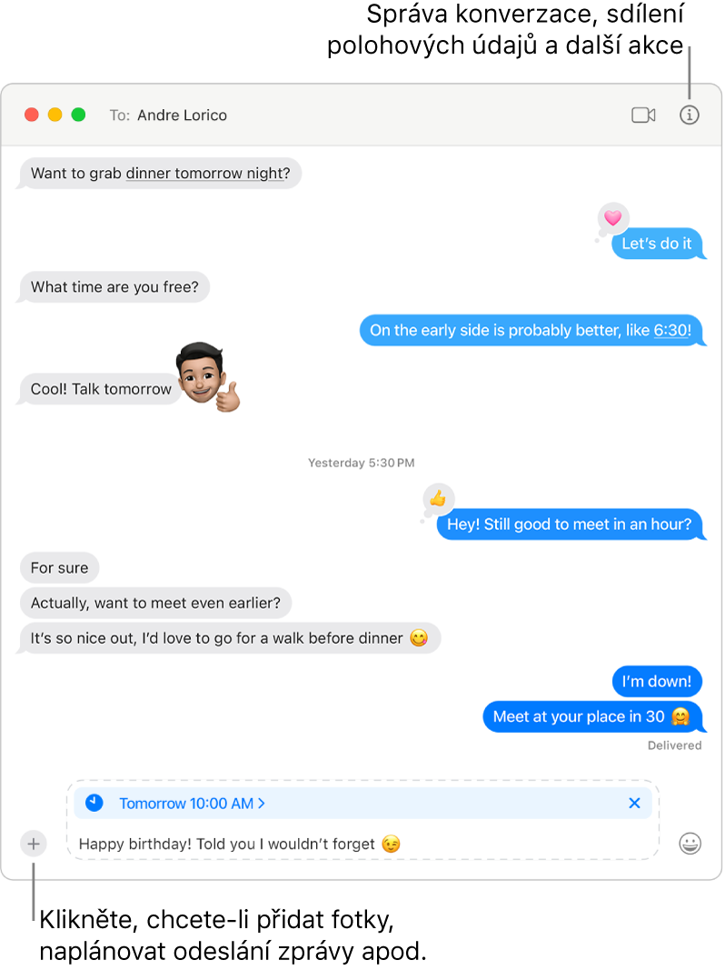 Okno aplikace Zprávy zobrazující konverzaci. Odeslání zprávy je naplánováno na Zítra v 10:00. Ve zprávě stojí „Všechno nejlepší k narozeninám! Říkala jsem ti, že nezapomenu.“