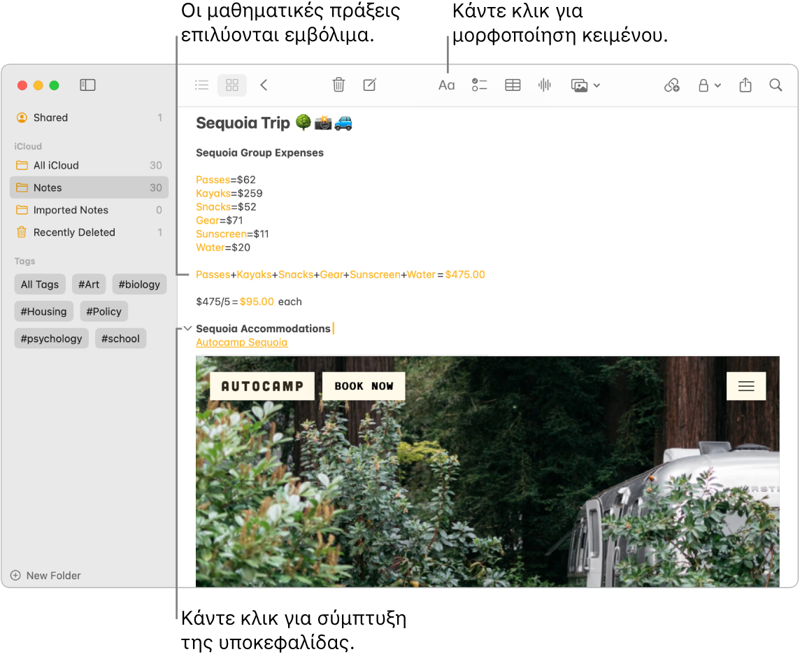Ένα παράθυρο της εφαρμογής «Σημειώσεις» όπου εμφανίζονται υπολογισμοί για τα έξοδα για το Sequoia Camp, ένας σύνδεσμος κειμένου σε έναν ιστότοπο και μια εικόνα με τα καταλύματα.