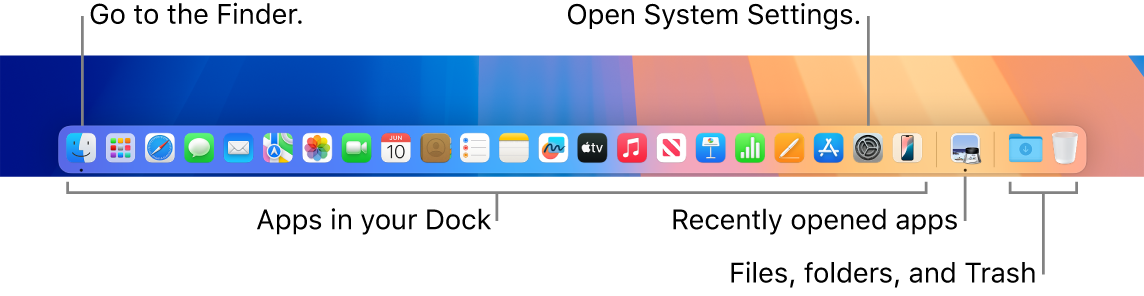 The Dock, showing the Finder, System Settings, and the divider in the Dock that separates apps from files and folders.