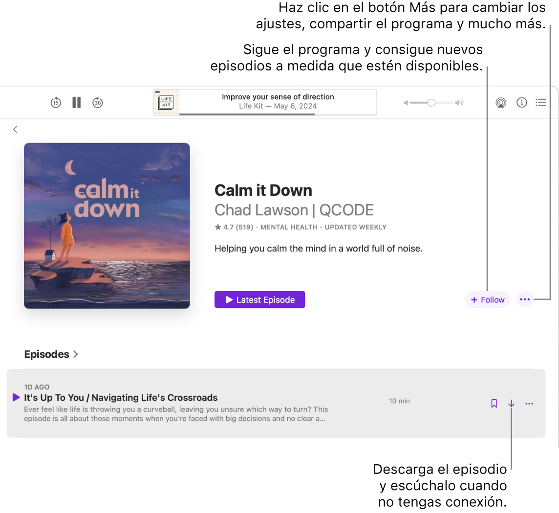 Una ventana de Podcasts muestra un episodio de un podcast. Unas indicaciones apuntan a los botones Descargar, Seguir y Más.
