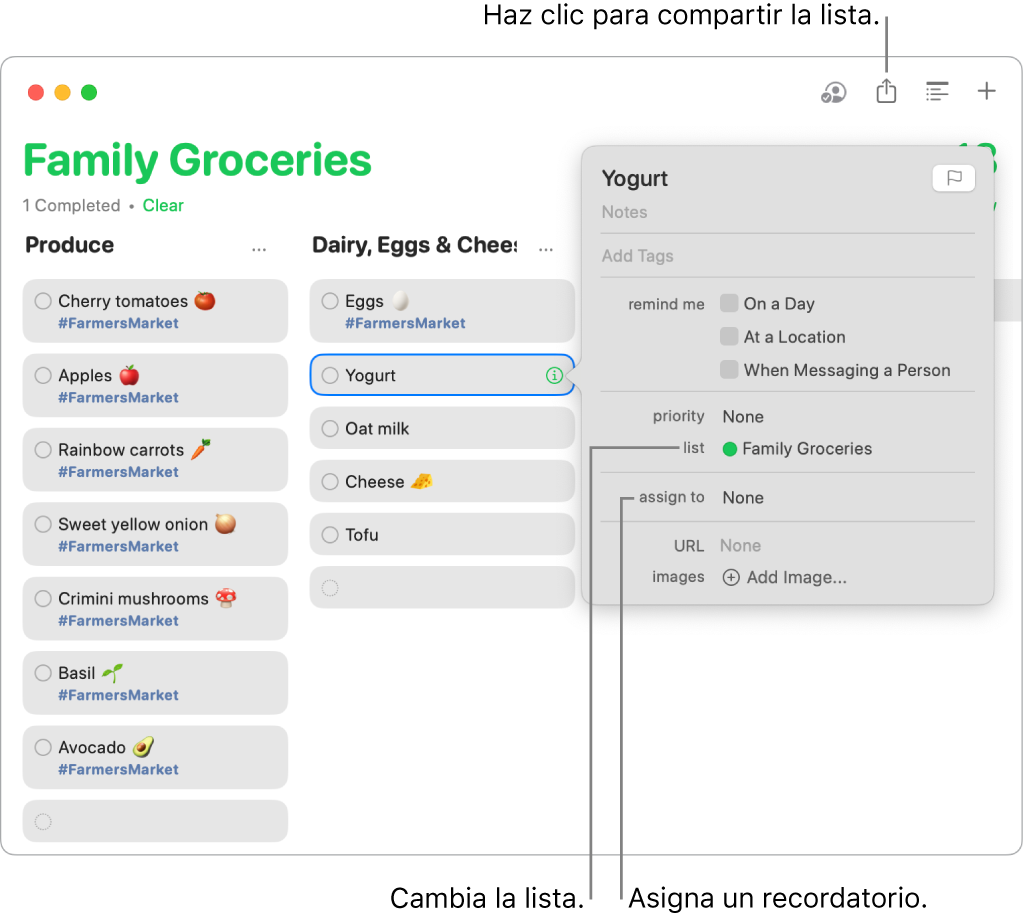 Una ventana de la app Recordatorios muestra los detalles de un recordatorio en una lista de la compra compartida.