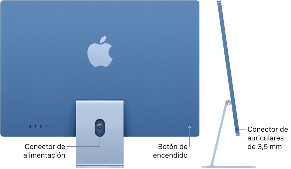 Vista trasera de un iMac donde se muestra el conector de alimentación y el botón de arranque. Al lado, hay una vista lateral que muestra el conector para auriculares.