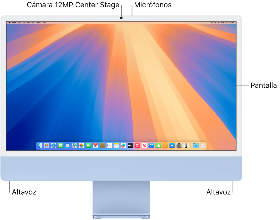 Vista delantera del iMac con la pantalla, la cámara, los micrófonos y los altavoces.