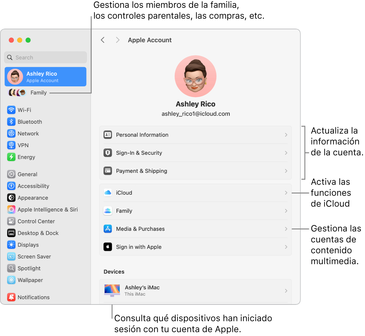 Los ajustes “Cuenta de Apple” en Ajustes del Sistema con indicaciones para actualizar la información de la cuenta, activar o desactivar las funciones de iCloud, gestionar las cuentas de redes sociales y Familia, donde puedes gestionar los miembros de la familia, el control parental, las compras y mucho más.