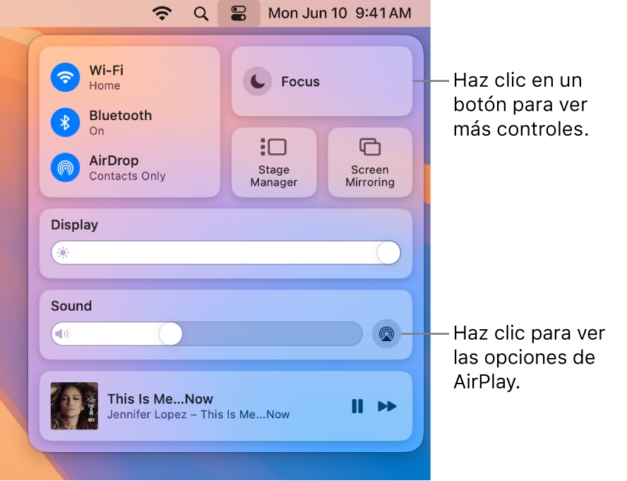 Vista ampliada del centro de control del Mac.