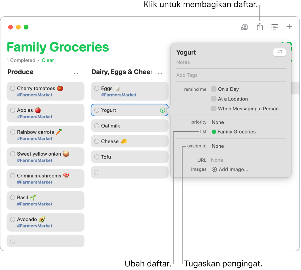 Jendela app Pengingat menampilkan detail pengingat di daftar Belanjaan bersama.