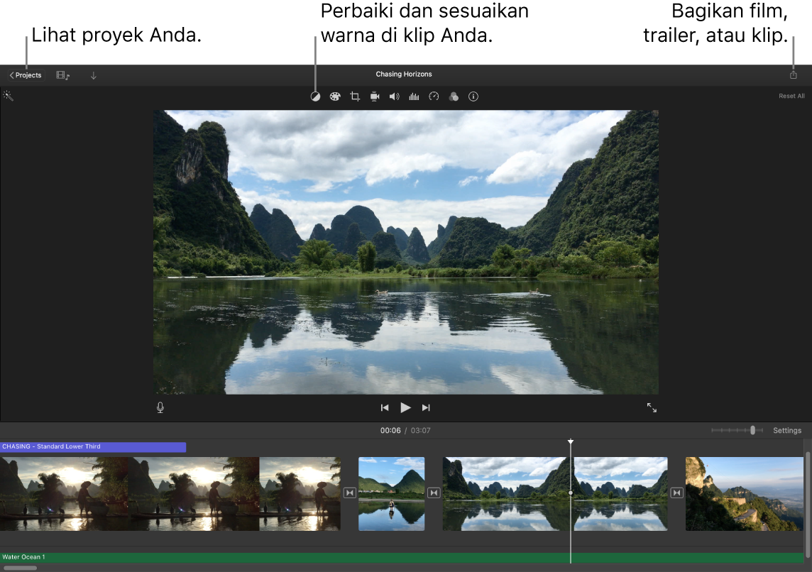 Jendela iMovie menampilkan tombol untuk melihat proyek, mengoreksi dan menyesuaikan warna, serta membagikan film, trailer, atau klip film Anda.