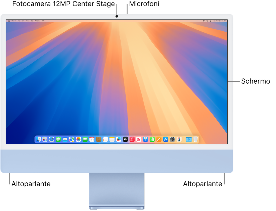 Vista frontale di iMac che mostra il monitor, la fotocamera, i microfoni e gli altoparlanti.