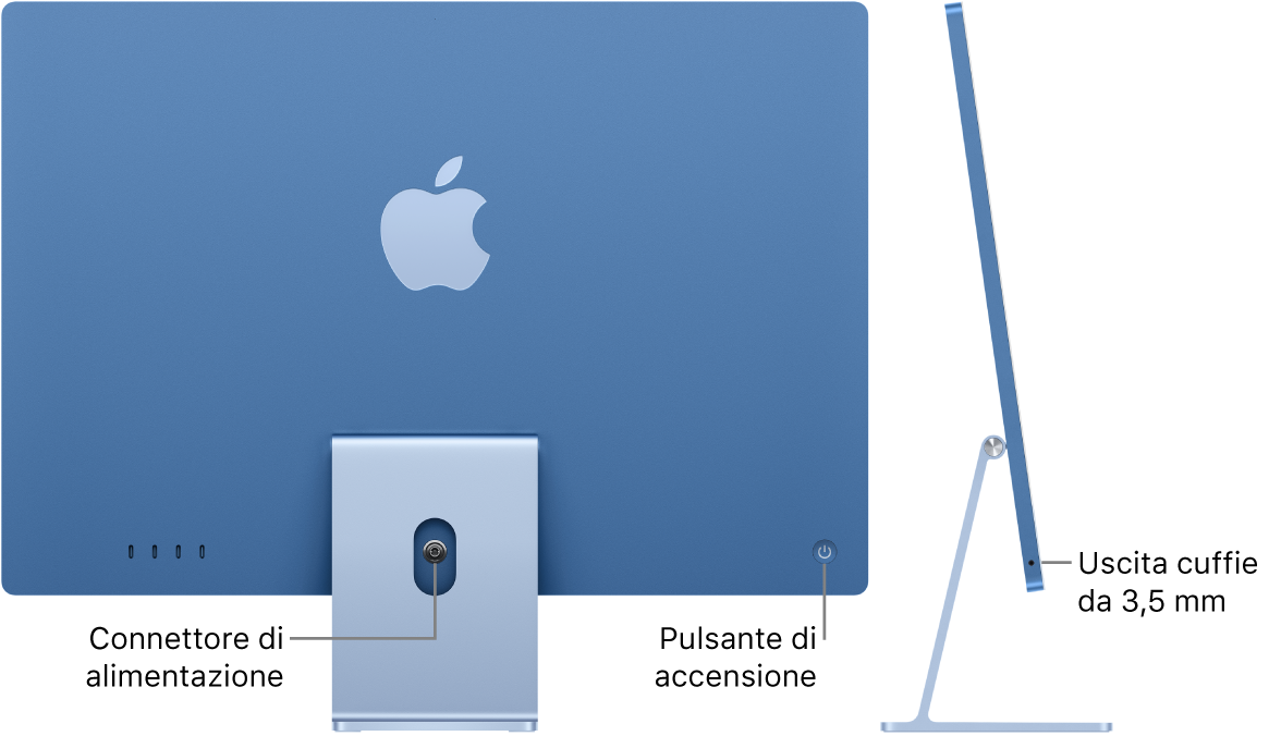 Retro di iMac con il connettore di alimentazione e il tasto di alimentazione. Accanto è presente una vista laterale che mostra il jack per le cuffie.