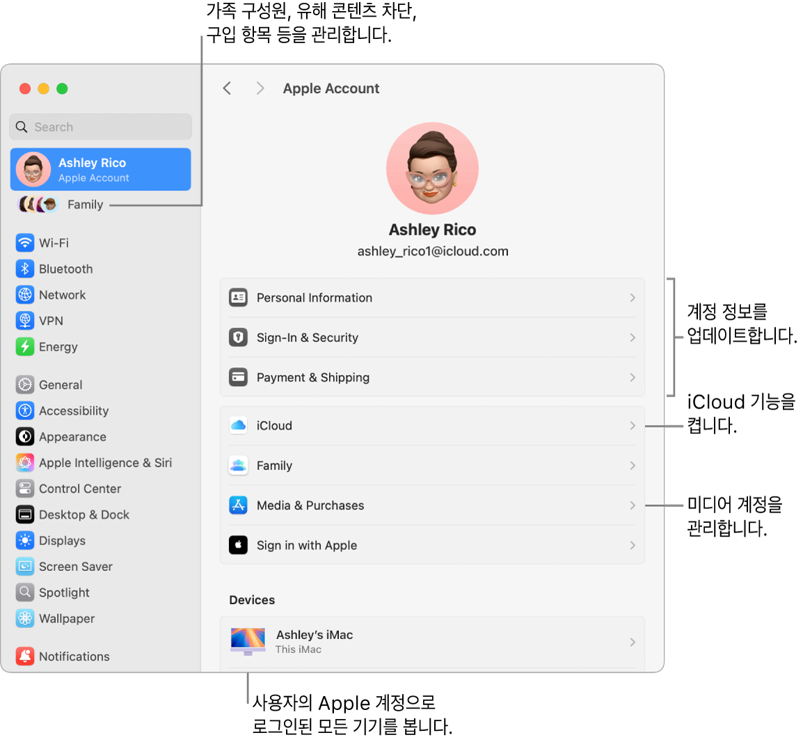 계정 정보 업데이트, iCloud 기능 켜기 또는 끄기, 미디어 계정 관리 및 가족 구성원, 유해 콘텐츠 차단, 구입 항목 등을 관리할 수 있는 가족에 대한 설명이 있는 시스템 설정의 Apple 계정 설정.