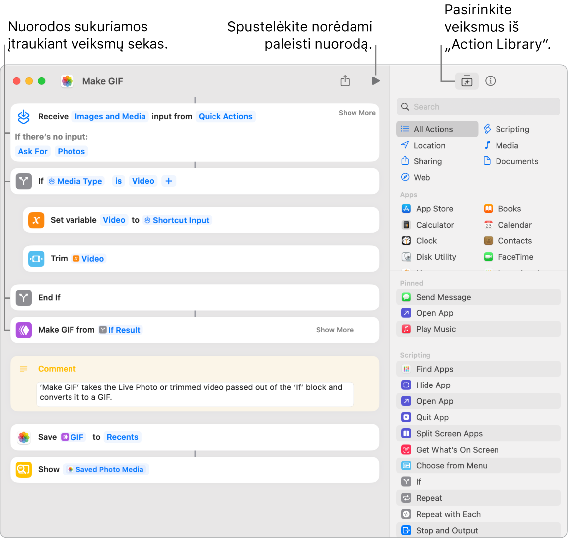 „Make GIF“ nuorodų rengyklė kairėje ir „Action Library“ (veiksmų biblioteka) dešinėje.