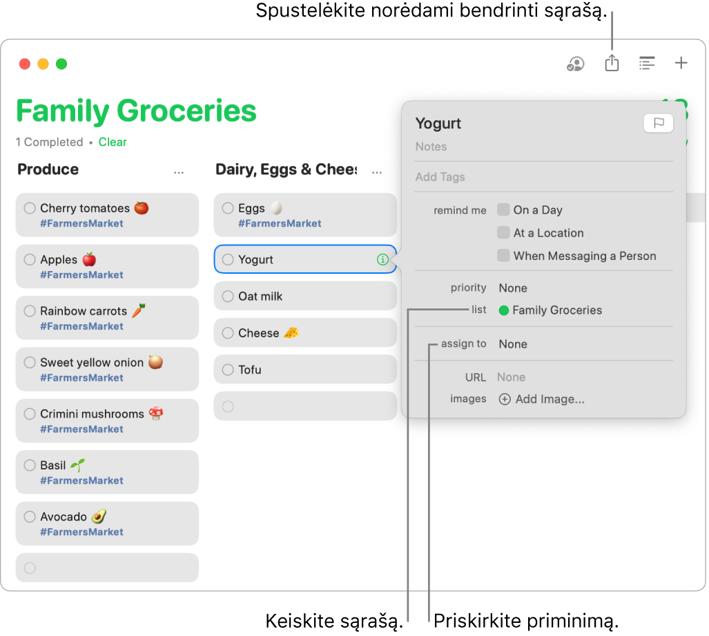 Programos „Reminders“ langas, kuriame rodoma priminimo bendrinamame maisto prekių sąraše informacija.