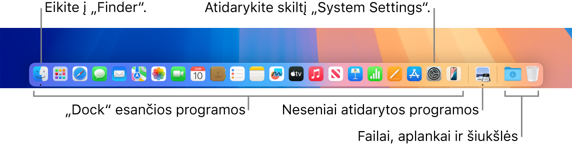 Funkcija „Dock“, kurioje matosi „Finder“, „System Settings“ ir „Dock“ skirtukas, skiriantis programa nuo failų ir aplankų.