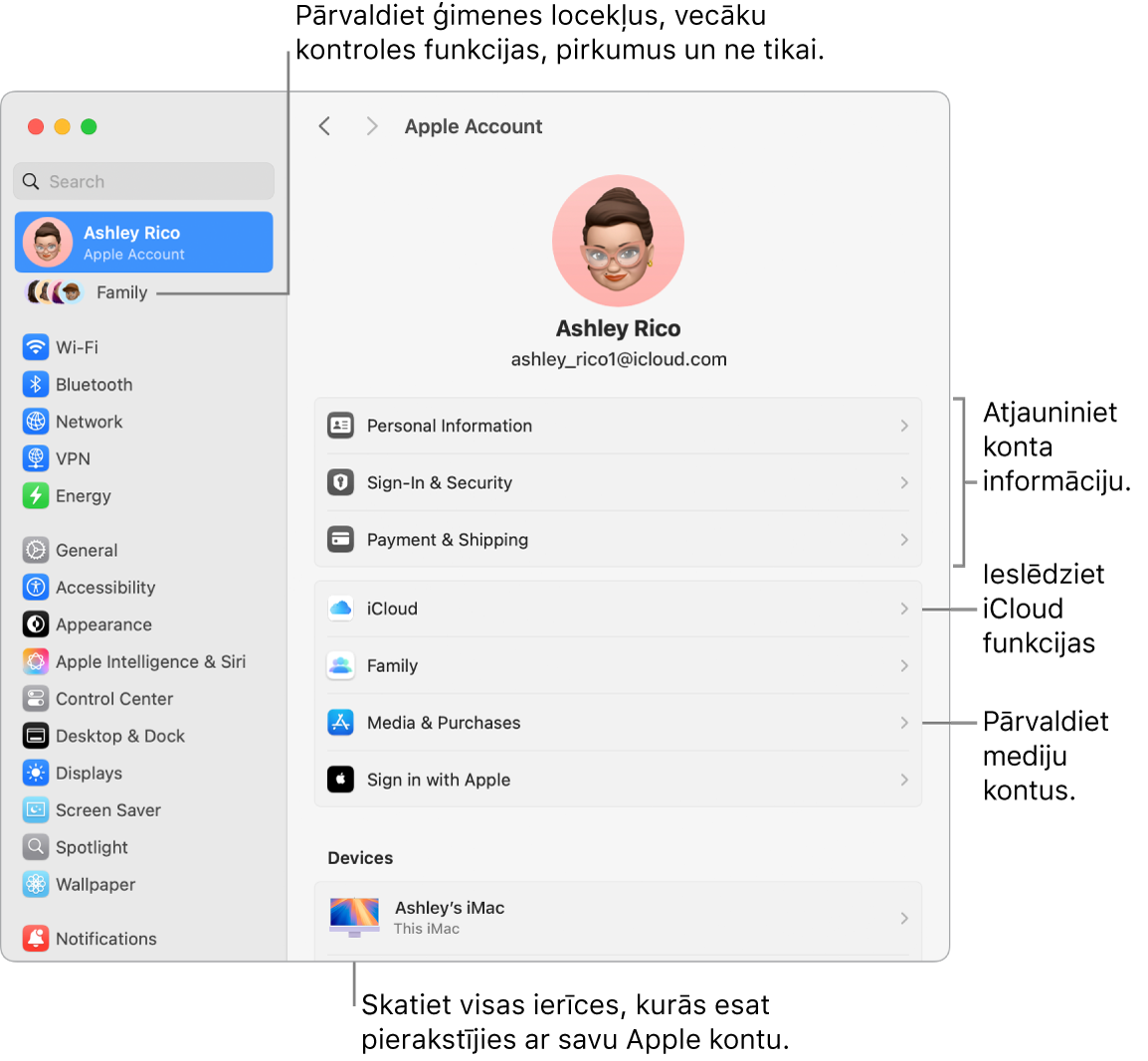 Apple konta iestatījumi izvēlnē System Settings ar remarkām, lai atjauninātu konta informāciju, ieslēgtu vai izslēgtu iCloud funkcijas, pārvaldītu sociālo tīklu kontus un skatītu sadaļu Family, kur varat pārvaldīt ģimenes locekļu kontus, vecāku kontroles funkcijas, pirkumus un ne tikai.