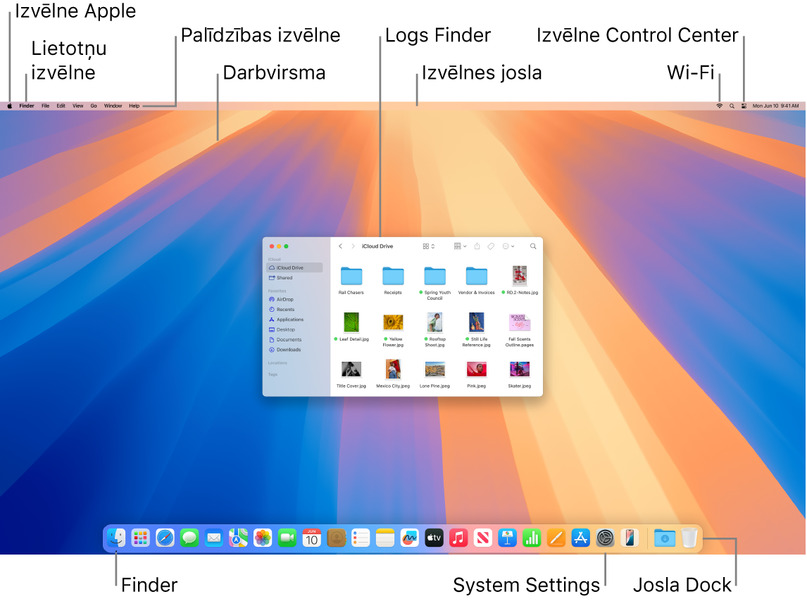 Mac datora ekrānā redzama Apple izvēlne, lietotņu izvēlne, izvēlne Help, darbvirsma, izvēlnes josla, lietotnes Finder logs, Wi-Fi ikona, ikona Control Center, ikona Finder, ikona System Settings un josla Dock.