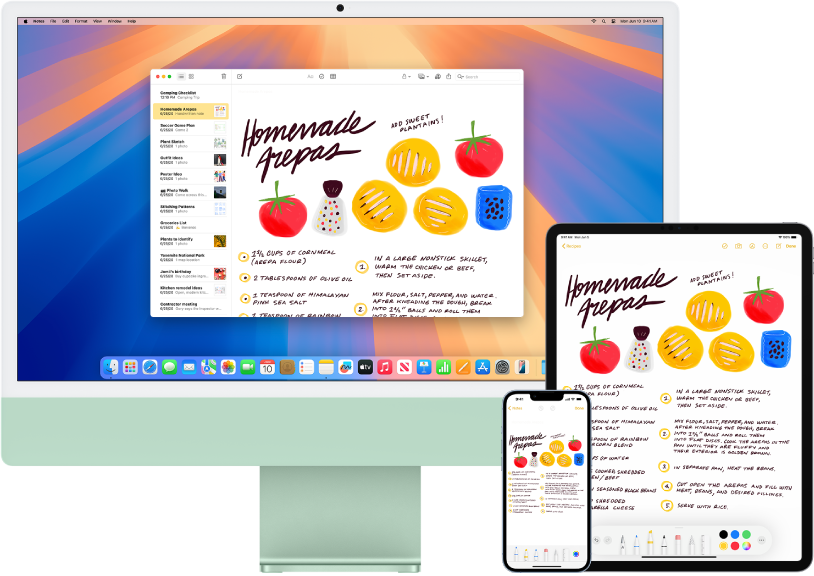 Een recept in de Notities-app op een iMac, iPhone en iPad.