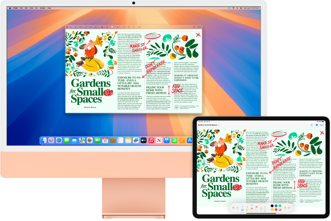 En iMac og iPad ved siden av hverandre. Begge skjermene viser en artikkel som er full av røde merknader, for eksempel utkryssede setninger, piler og ekstra ord. På iPaden vises også kontroller for merking nederst på skjermen.