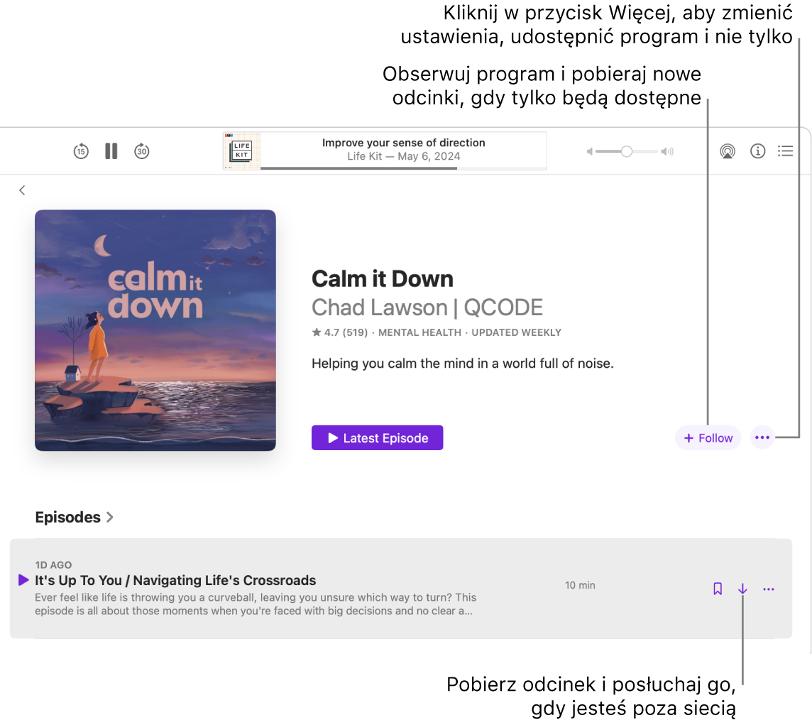 Okno aplikacji Podcasty z pokazanym odcinkiem podcastu. Dymki pomocy wskazują na przyciski Pobierz, Obserwuj oraz Więcej.