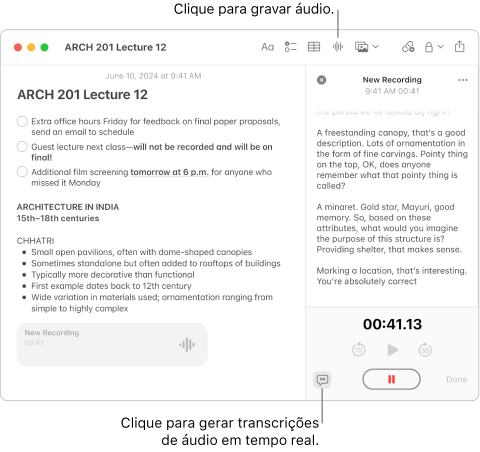 Janela do Notas mostrando uma nota com uma checklist, uma lista com marcadores e gravação de áudio. A janela “Detalhes do Áudio” está aberta e mostra uma transcrição da gravação de áudio.