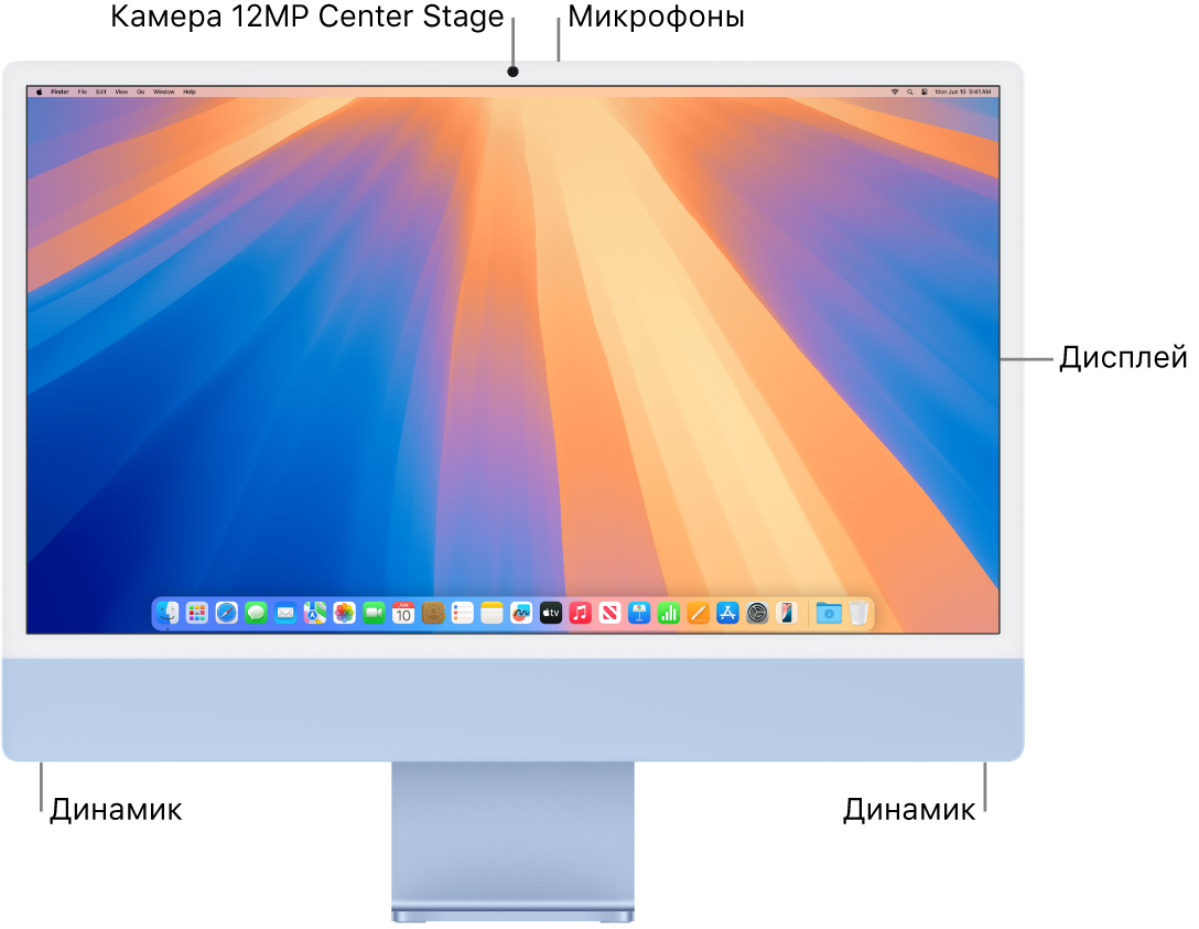 iMac, вид спереди. Показаны экран, камера, микрофоны и динамики.