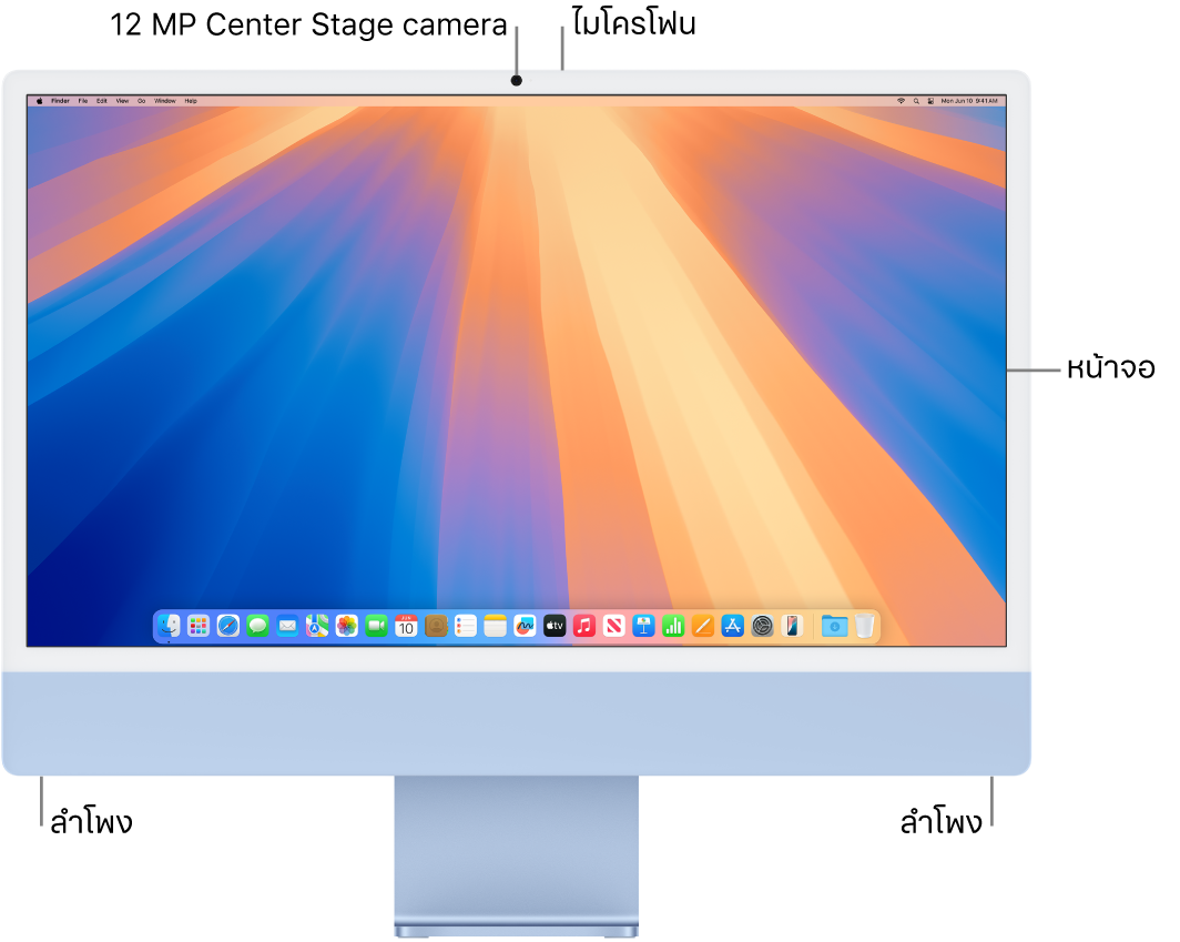 มุมมองด้านหน้าของ iMac ที่แสดงจอภาพ กล้อง ไมโครโฟน และลำโพง