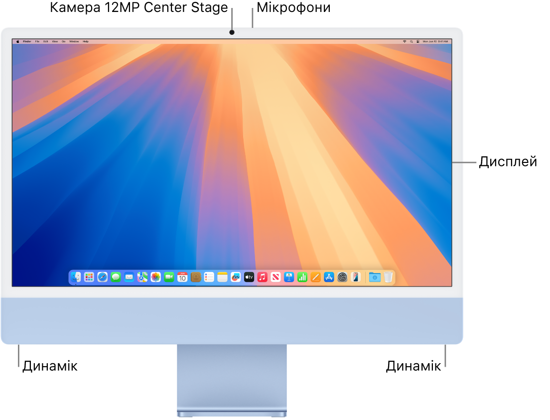 Вигляд iMac спереду з дисплеєм, камерою, мікрофонами та динаміками.