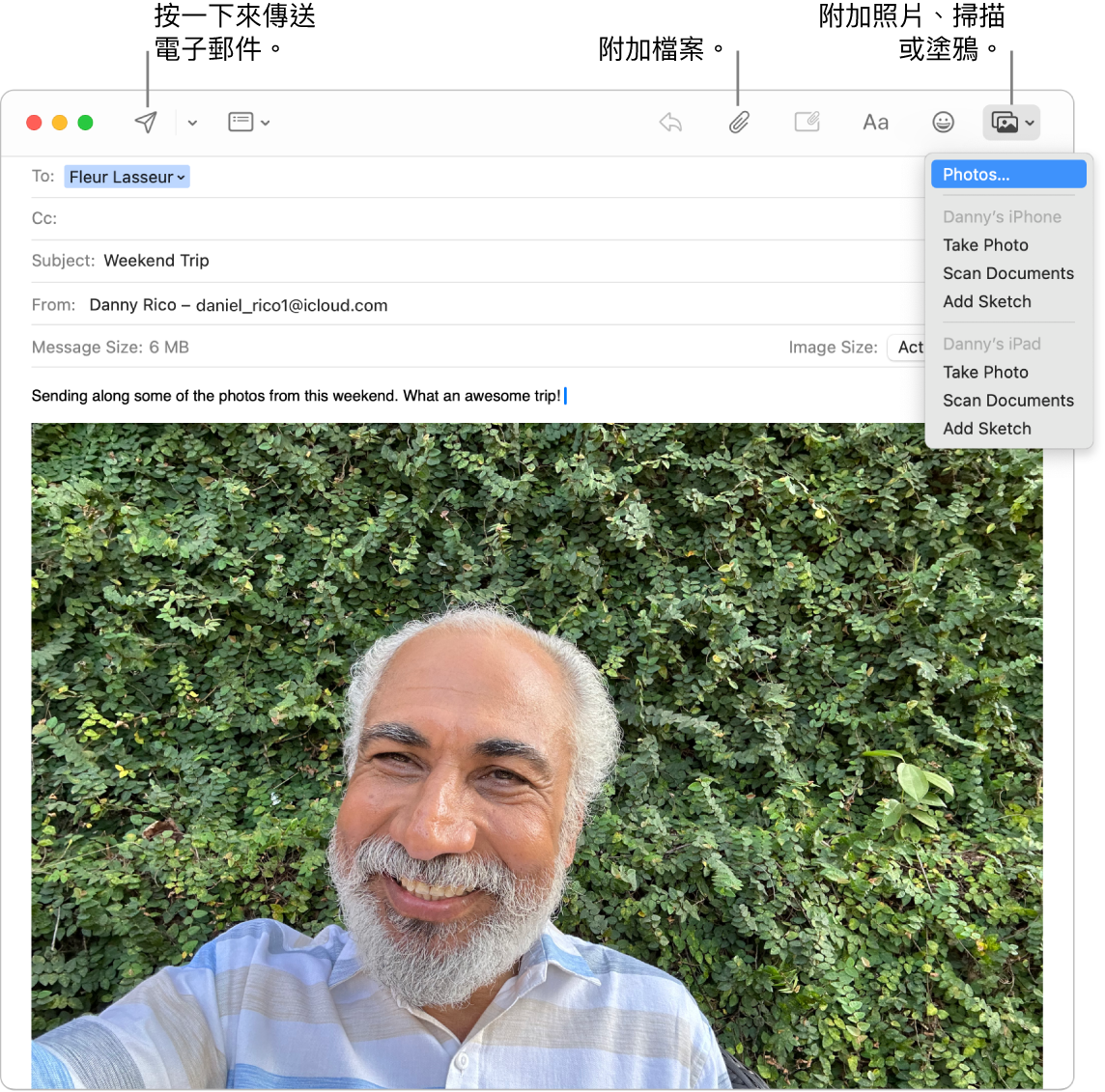 「郵件」視窗顯示正在編寫草稿的新郵件。彈出式選單顯示附加照片，或拍攝照片、掃描文件，或從浩瀚的 iPhone 或 iPad 加入塗鴉的選項。