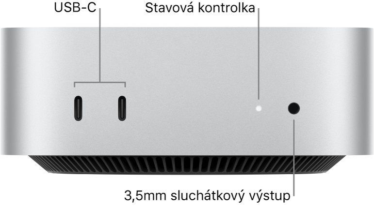 Přední strana Macu mini se dvěma USB‑C porty, stavovou kontrolkou a 3,5mm sluchátkovou zdířkou.