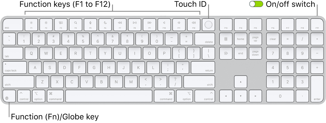 The Magic Keyboard with Touch ID and Numeric Keypad showing the row of function keys and Touch ID across the top, and the Function (Fn)/Globe key to the right of the Delete key.