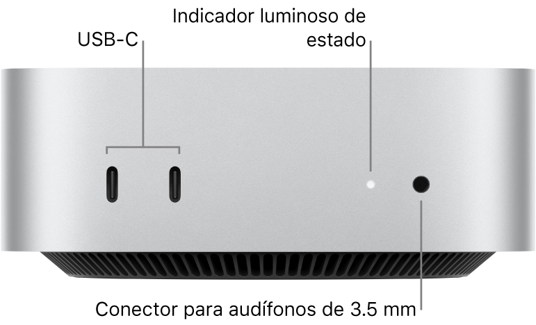 La parte frontal de la Mac mini mostrando dos puertos USB-C, el indicador luminoso de estado y un puerto para audífonos de 3.5 mm.