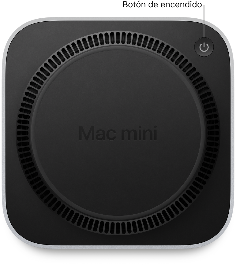 La parte inferior del Mac mini con el botón de encendido.