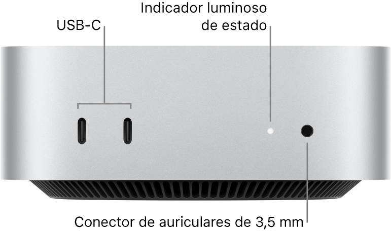 La parte delantera del Mac mini con dos puertos USB-C, el indicador luminosos de estado y un conector para auriculares de 3,5 mm.